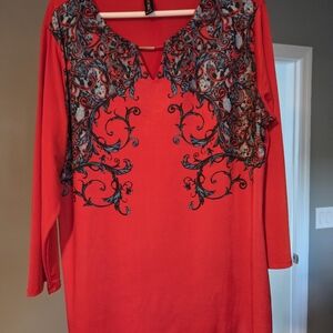 Red Long Sleeve Top with Black and Blue Pattern